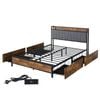 Levede Industrial Metal Wooden Bed Frame 4 Storage Drawers Linen Fabric Headboard USB Charge Queen Size