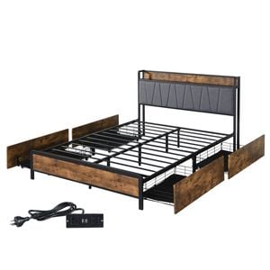 Levede Industrial Metal Wooden Bed Frame 4 Storage Drawers Linen Fabric Headboard USB Charge Queen Size