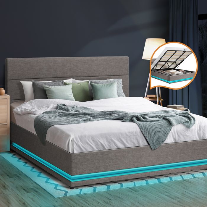 Oikiture Bed Frame Gas Lift RGB LED Grey-King
