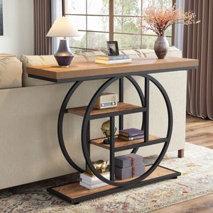 OAKORY 105cm Industrial Console Table with Circular Metal Base and 4-Tier Light Brown Wood Shelves