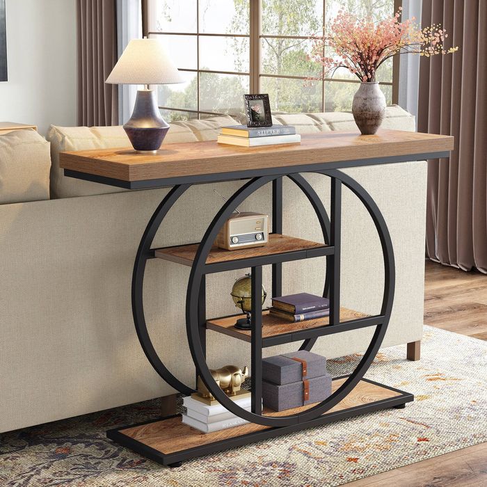 OAKORY 105cm Industrial Console Table with Circular Metal Base and 4-Tier Light Brown Wood Shelves