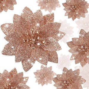 Catzon 36 Pcs Christmas Glitter Poinsettia Flowers for Xmas Tree-RosyGold