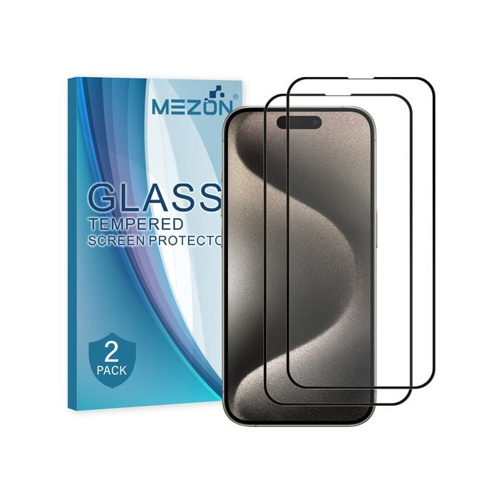 2 Pack MEZON iPhone 15 Pro (6.1") Full Cover Tempered Glass Screen Protectors