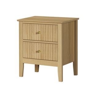 Oikiture Bedside Table 2 Drawers Nightstand Cabinet Gold Handle Natural
