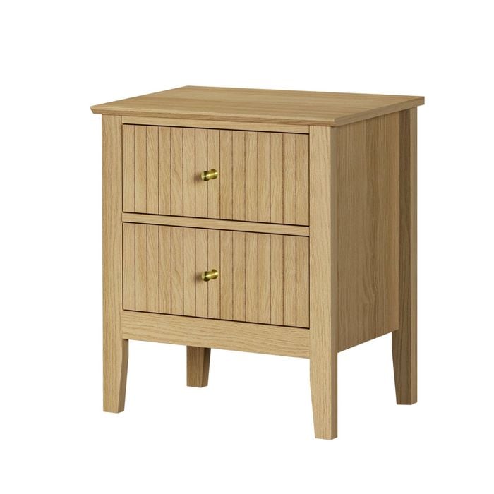 Oikiture Bedside Table 2 Drawers Nightstand Cabinet Gold Handle Natural