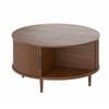 Advwin 80cm Round Coffee Table Fluted Center Table w/ Sliding Door Cabinet Side Table w/ Hidden Storage & Shelf Walnut