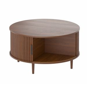 Advwin 80cm Round Coffee Table Fluted Center Table w/ Sliding Door Cabinet Side Table w/ Hidden Storage & Shelf Walnut