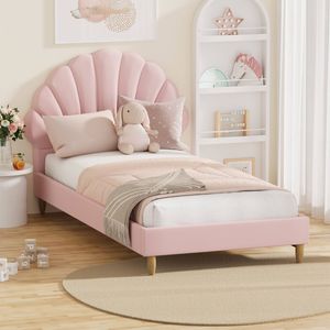 Oikiture Kids Bed Frame Single Size Scallop-Shape Bedhead Pink Velvet