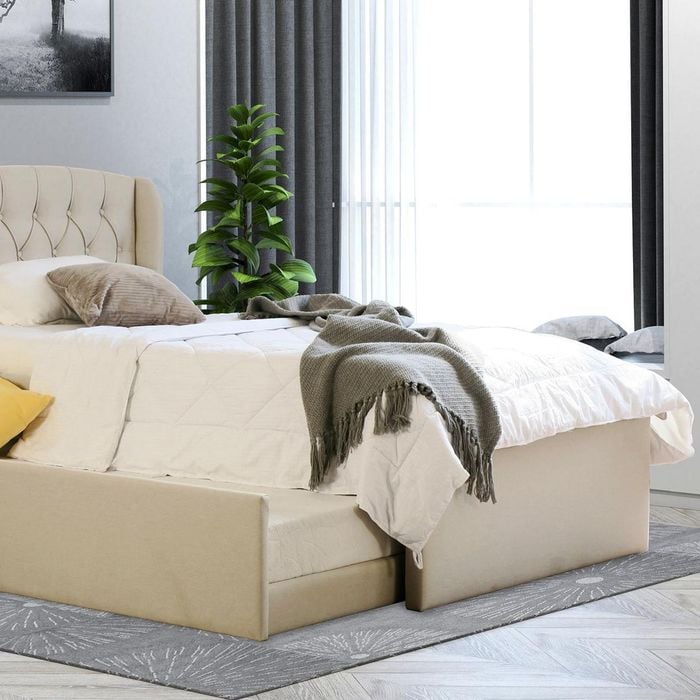 Istyle Dupont King Single Trundle Storage Bed Frame Fabric White Oak Beige