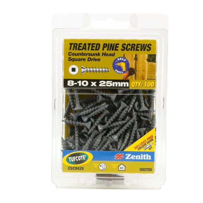 Zenith 8-10 x 25mm Tufcote® Countersunk Head Treated Pine Screws - 100 Pack