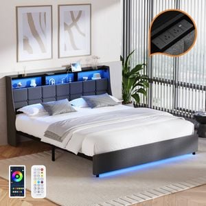 Oikiture Bed Frame King Size With Led Light USB Charging Storage Headboard