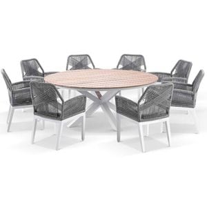 Tuscany 1.8m Aluminium And Teak Dining Table White 8 Hugo Chairs & Grey Rope/textured Olefin Cushions