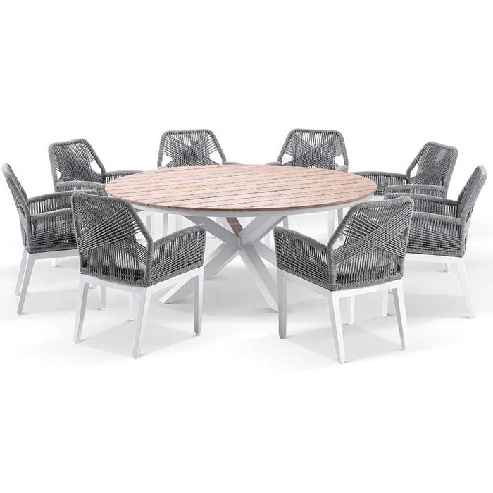 Tuscany 1.8m Aluminium And Teak Dining Table White 8 Hugo Chairs & Grey Rope/textured Olefin Cushions
