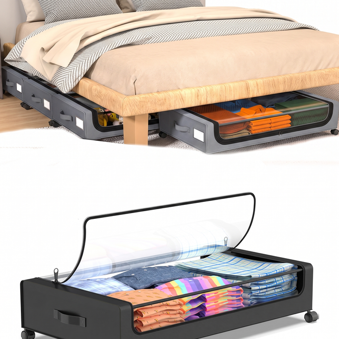 Black Square Under-Bed Storage Rack with Wheels Sturdy Easy to Move for Bedroom AU