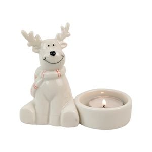 Urban Cute Reindeer 9cm Ceramic Tealight Holder Candle Home Decor - White