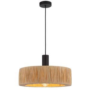 Telbix Katrin Industrial Pendant Hanging Lamp Light Metal Raffia Black Natural Matte Natural