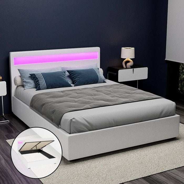 Artiss Bed Frame Gas Lift RGB LED White Cole - Queen