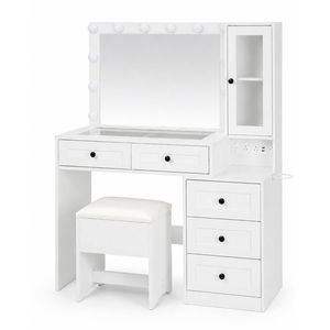Levede Dressing Table Vanity Desk with LED Mirror 5 Drawers Charging White