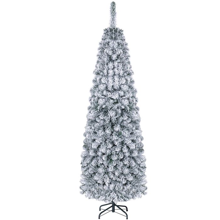 Costway 1.8M Pre-lit Snow Flocked 600 Tips Christmas Tree w/Warm Lights Hinged Xmas Home Decoration-White
