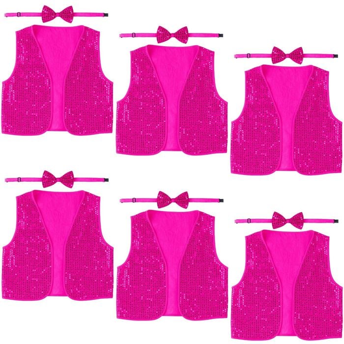 6x Kids Sequin Vest Bow Tie Set Costume 80s Party Dress Up Waistcoat Hot Pink