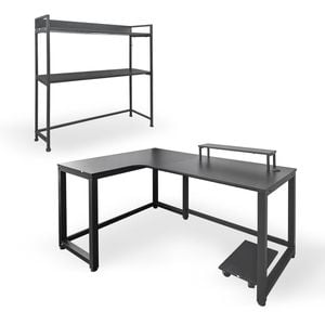 Foret L-shaped Desk Expandable Bookshelf Set Black Walnut Storage Home Office