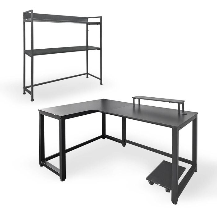 Foret L-shaped Desk Expandable Bookshelf Set Black Walnut Storage Home Office