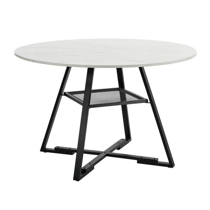 Oikiture 112cm Round Dining Table Marble-like Wooden Kitchen Furniture White&Black
