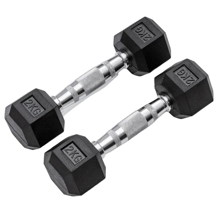 METEOR 2kg Pair Rubber Hex Dumbbells