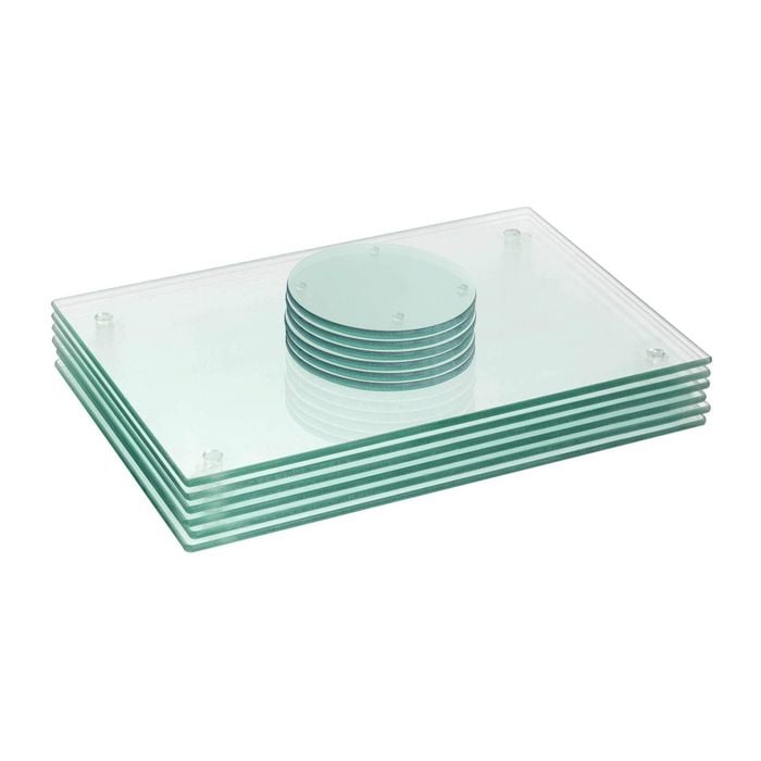 12pc Glass Placemats & Round Coasters Set - 30 x 20cm - Clear - Dining Table Protection Place Mats & Coasters
