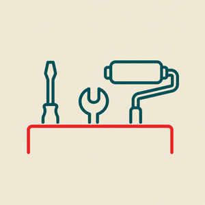 Line illustration of a screwdriver, spanner and paint roller above a red workbench outline.
