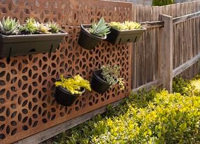 Vertical wall garden made from a garden screen and hanging pots