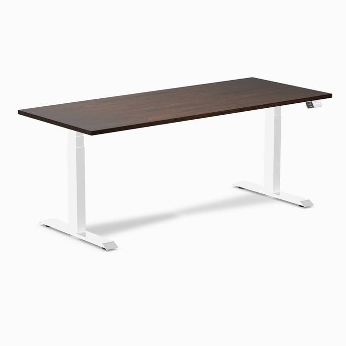 Desky Dual Dark Walnut Rubberwood Sit Stand Desk 180x75cm White Frame Leg