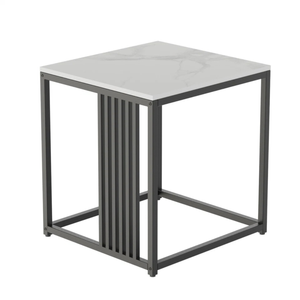 P&P White Marble Pattern Square Marble-Top End Table With Black Metal Frame & Vertical Slat Accent