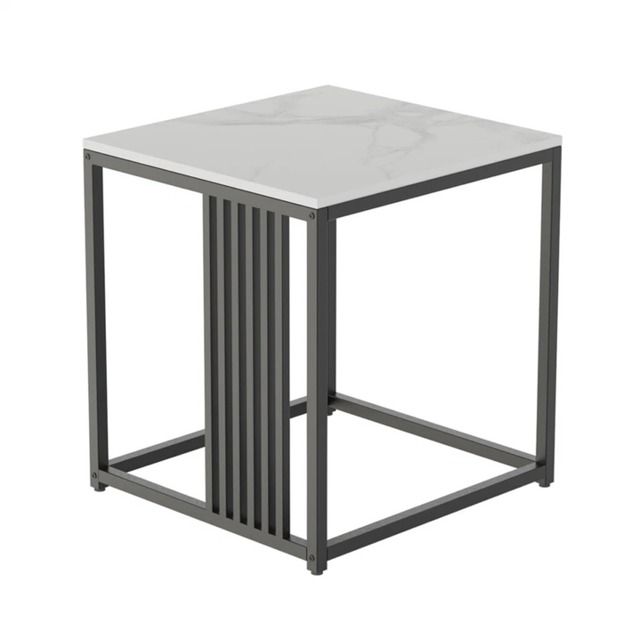 P&P White Marble Pattern Square Marble-Top End Table With Black Metal Frame & Vertical Slat Accent