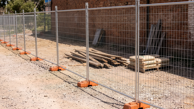 Temporary fencing installed around a building site with planks of wood and bags of cement on the ground.