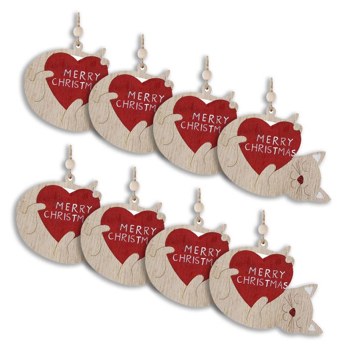 8PK Urban Merry Christmas Cats Hanging Decoration 11cm Red/Natural Assorted