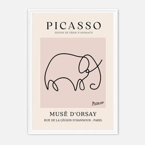 Galrie Picasso Minimalist Elephant Art Print - Iconic Line Drawing for Home Decor, White Frame, A3 30 x 42cm (12 x 16inch)