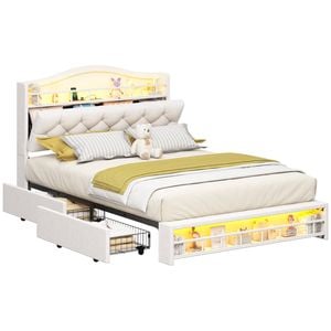 Advwin Double Upholstered Girl Bed, Princess Velvet Platform Bed, Beige