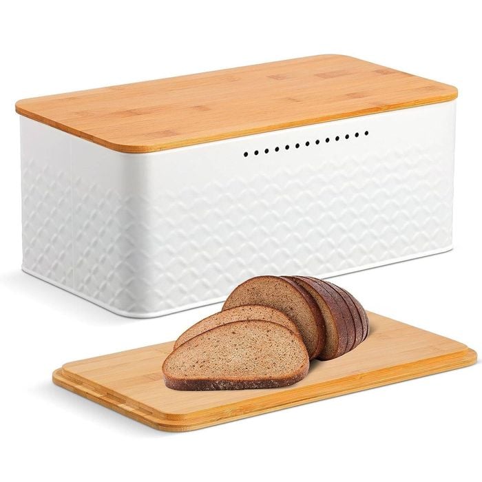CARLA HOME Bread Bin with Bamboo Lid used as Chopping Board for Kitchen Countertop