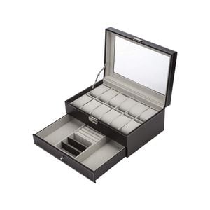 Black Leather Watch Box Jewelry Display Case with Drawers (12 Slots with 2 Layers)