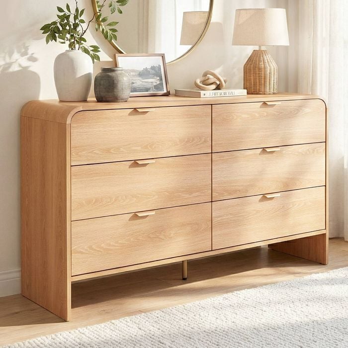 Homfurn 6-drawer Chest Of Drawers – Golden Metal Handles, Anti-tip Kit, 60kg Tabletop Capacity, Oak