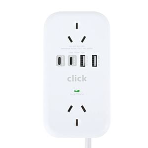 Click Fast Charging 2 Outlet White Powerboard with USB A & C Outlets and Cord Storage