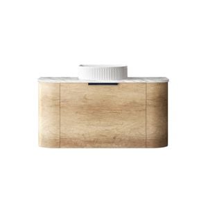 Attica 900mm Natural Oak Bentwood Wall Hung Curve Vanity With Natural Carrara Marble Top