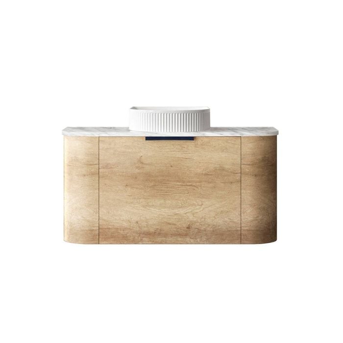 Attica 900mm Natural Oak Bentwood Wall Hung Curve Vanity With Natural Carrara Marble Top