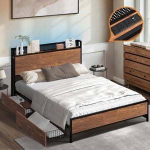 Oikiture Metal Bed Frame King Size with LED Headboard 4 Storage Drawers USB