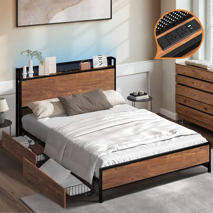 Oikiture Metal Bed Frame King Size with LED Headboard 4 Storage Drawers USB