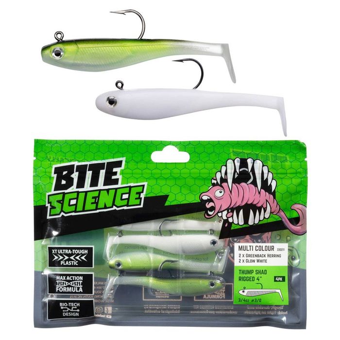 Bite Science Multi-Pack of Rigged 4' Rigged Thump Shad Lures - Greenback/White"