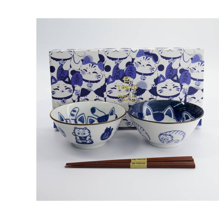 2pc Tokyo Design Porcelain Bowl Set Twin Cat With Chopsticks Gift Boxed