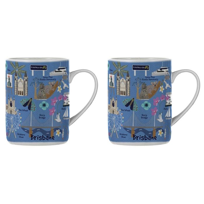 2PK Ashdene Land Down Under Brisbane Bone China Drinking Mug Blue 370ml