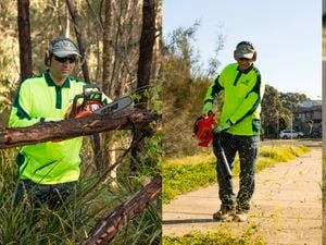 a man in yellow hi-vis in a sequence of three images outdoors using a petrol-powered ECHO chainsaw, blower and line trimmer